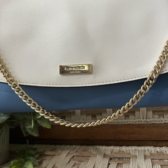 Kate Spade New York Saffiano Leather Flap Crossbody Blue Cream Gold Chain - Picture 3 of 7